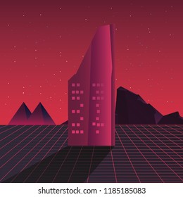 retro future label with buildings scene