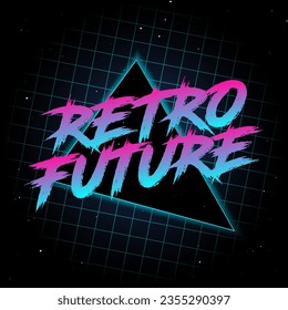 Retro Future Logo 80er Jahre Stil Vektorkunst. Vintage Old School Grafik. Abstraktes Bild der 90er Jahre. Trendy Design mit Gitter. Hintergrund für Banner, Flyer und Poster.