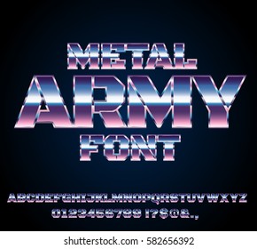 Futuro Retro Ejército Militar Cine-Fi Estilo Tipografía Cromada en estilo Futuro Retro 80s. Fuente vectorial