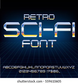 Retro Future Military Cyber Sci-Fi Movies Style Chrome Typeface in 80s Retro Futurism style. Vector Special FX font