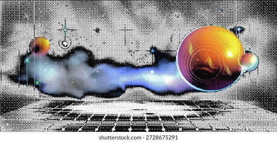 Retro Future Odyssey Navigieren im kosmischen Horizont einer digitalen Traumlandschaft Virtuelle Realität Erforschung abstrakter Planetensysteme in einer Synthwave-Dimension