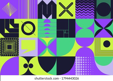 Retro future pattern artwork of vector abstract symbols with bright neon colored geometric shapes, useful for web background, poster art design, magazine front page, hi-tech print, cover artwork.