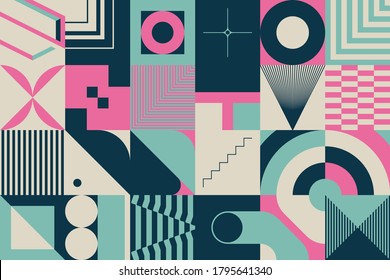 Retro future pattern artwork of vector abstract symbols with bright neon colored geometric shapes, useful for web background, poster art design, magazine front page, hi-tech print, cover artwork.