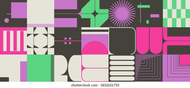 Retro future pattern artwork of vector abstract symbols with bright neon colored geometric shapes, useful for web background, poster art design, magazine front page, hi-tech print, cover artwork.