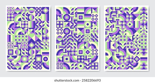 Retro future pattern artwork of vector abstract symbols with bright neon colored geometric shapes, poster art design, magazine front page, hi-tech print, cover artwork.