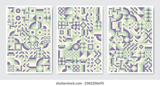 Retro future pattern artwork of vector abstract symbols with bright neon colored geometric shapes, poster art design, magazine front page, hi-tech print, cover artwork.