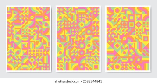 Retro future pattern artwork of vector abstract symbols with bright neon colored geometric shapes, poster art design, magazine front page, hi-tech print, cover artwork