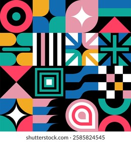 Retro future pattern artwork of vector abstract symbols with bright neon colored geometric shapes, useful for web background, poster art design, magazine front