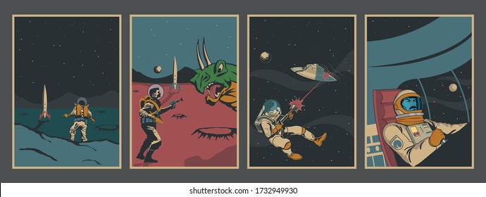 Retro Future Poster Set, Sci Fi Comic Book Covers Stylization, UFO, Space Rockets, Astronauts, Monsters