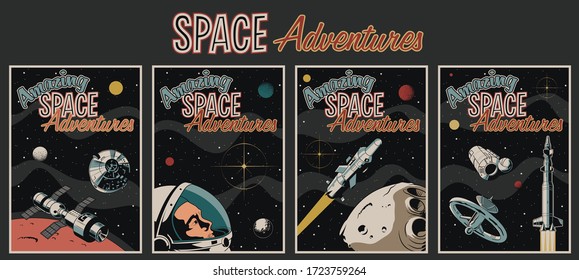 Retro Future Poster Set, Spacraft, Astronaut, Space Rockets, Planets, Asteroid