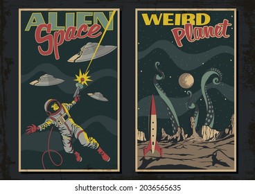 Retro Future Sci Fi Book Covers Style Illustrations, UFO, Astronaut, Space Rocket, Alien Monster and Planet Landscape