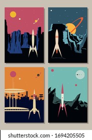 Retro Future Sci Fi Illustration Set, Mid Century Modern Posters Style, Space Rockets, Unknown Planets Landscapes, Future City 
