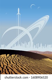 Retro Future Sci Fi Poster Desert Planet, Cityscape, Sand Dunes, Rocket Launch