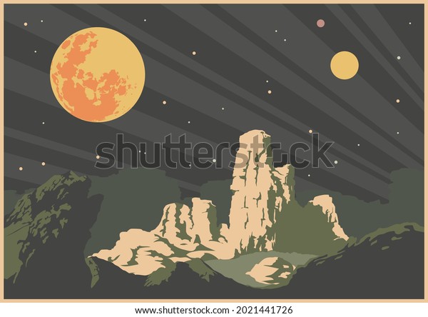 Retro Future Sci Fi Space Illustrations Style\
Poster, Unknown Planet\
Landscape