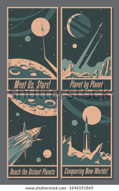 Retro Future Science and Aerospace\
Propaganda Poster Style, Spaceships, Unknown\
Planets