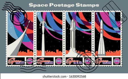 Retro Future Soviet and American Space Propaganda Postage Stamps, Space Rockets, Spaceman, Color Abstract Background
