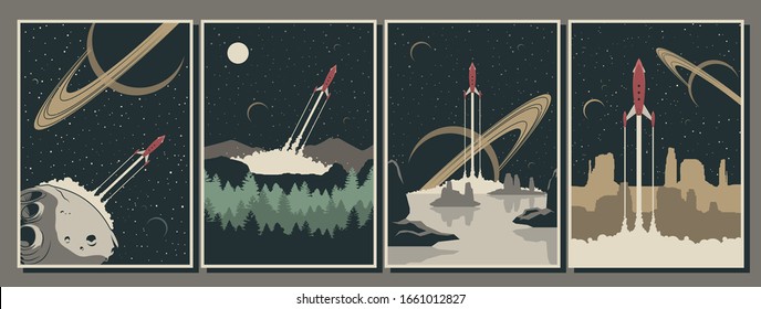 Retro Future Space Discoveries Poster Set, Space Rockets Flight, Asteroid, Unknown Planet Surfaces