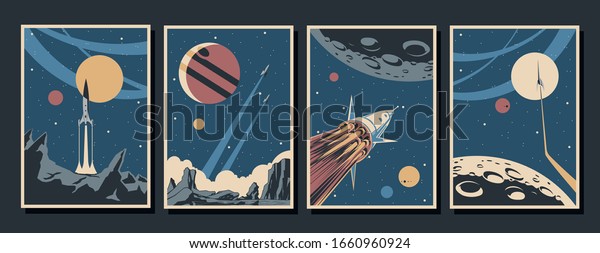 Retro Future Space Exploration Poster Set, Space\
Rockets, Planets, Stars