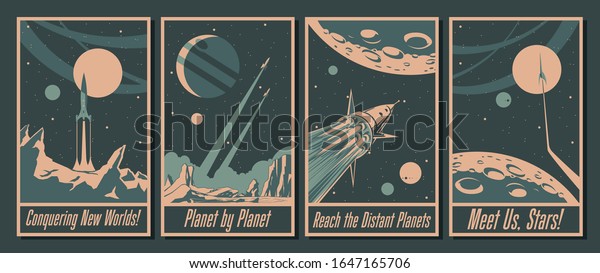 Retro Future Space\
Exploration Propaganda Posters Style, Space Rockets, Distant\
Planets, Cosmic\
Discoveries