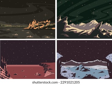 Retro Future Space Fantastic Landscape Backgrounds Set 