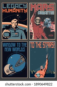 Retro Future Space Flights Propaganda, Astronauts, Spacecraft, Planets