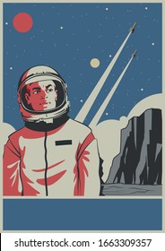 Retro Future Space Illustration, Astronaut, Space Rockets, Unknown Planet Surface 