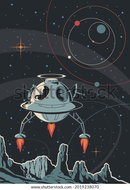 Retro Future Space Illustration, Landing\
Module, Unknown Planet\'s Surface,\

