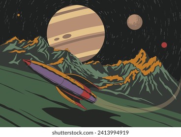 Retro Future Space Illustration, Space Rocket, Jupiter, Mountains Extraterrestrial Panorama 