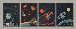 Retro Future Space Illustration Set, Spacecraft, Planets, Space Stations