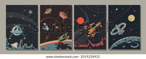 Retro Future Space Illustration Set, Spacecraft, Planets, Space Stations.