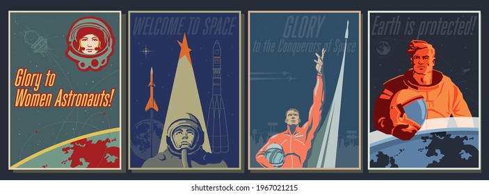 Retro Future Space Illustrations, Retro Space Propaganda Posters Style, Astronauts and Spacecraft