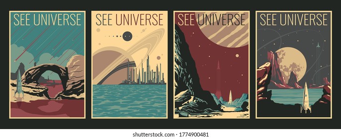 Retro Future Space Journey's Advertising Posters, Alien Planets Landscapes, Space Rockets 