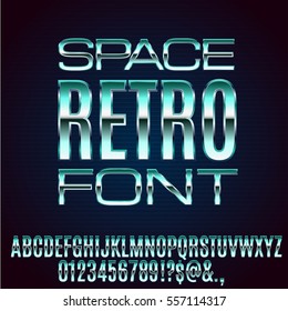 Retro Future Space Old VHS Age Blue Sci-Fi Movies Style Chrome Typeface in 80s Retro Futurism style. Vector font