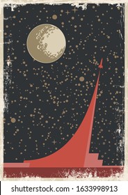 Retro Future Space Poster 1950s Style, Rocket Launch, Moon, Starry Sky Background, Vintage Colors, Grunge Texture Pattern