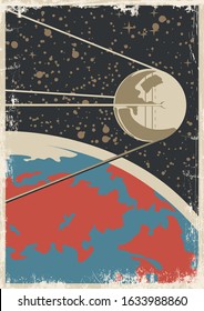 Retro Future Space Poster Stylization, 1950s Style Satellite, Earth, Starry Sky, Vintage Atomic Age Colors, Grunge Texture Pattern