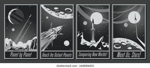 Retro Future Space Posters Monochrome alte fantastische Movie Style, Space Rockets, Planeten, Space