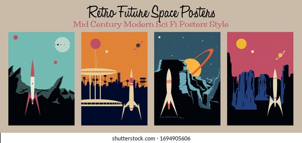 Retro Future Space Posters, Sci Fi Illustrations, Space Rockets, Planets, Future City