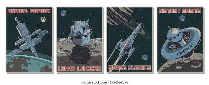 Retro Future Space Posters Stylization, Space Rocket, Orbital Station, Lunar Lander