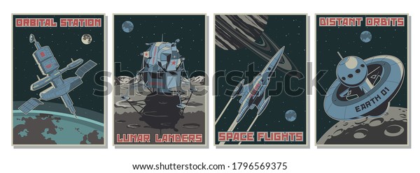 Retro Future Space Posters Stylization,\
Space Rocket, Orbital Station, Lunar\
Lander
