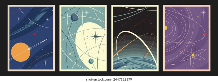 Retro Future Space Posters Template Set. Planets, Stars, Orbits, Atom. Miid Century Modern Style Graphic and Colors 