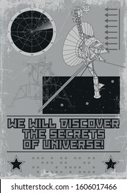 Retro Future Space Propaganda Poster, Sci Fi Illustration, Space Satellite Drawings, Monochrome Palette, Grunge Texture Pattern