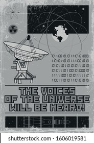Retro Future Space Propaganda Poster, Sci Fi Illustration, Radio Telescope Drawings, Monochrome Palette, Grunge Texture Pattern