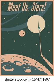 Retro Future Space Propaganda Poster Style, Mid Century Modern Space Rocket, Vintage Colors, Moon Surface, Stars