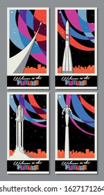 Retro Future Space Propaganda Posters Style, Space Rockets, Cosmonaut, Sci Fi Placards, Abstract Backgrounds, Starry Sky