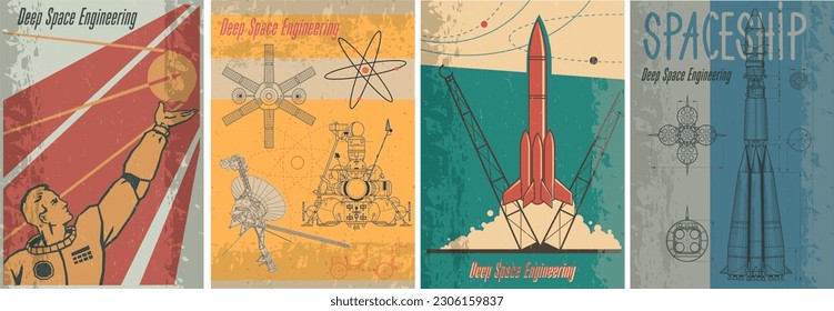 Retro Future Style Aerospace Rocket Vintage Posters Set