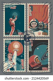 Retro Future Style Cosmic and Scientific Postage Stamps, Astronauts, Cosmonauts, Planets and Stars