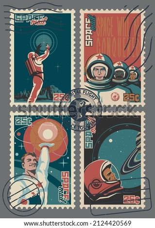 Retro Future Style Cosmic and Scientific Postage Stamps, Astronauts, Cosmonauts, Planets and Stars