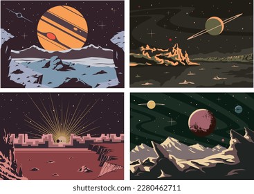 Retro Future Style Fantastic Space Journey Astronomy Posters Set