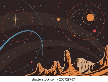 Retro Future Style Space Illustration, Abstract Cosmic Mosaic