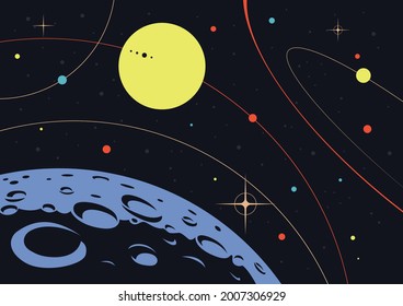 Retro Future Style Space Illustration, Abstract Cosmic Mosaic Background 